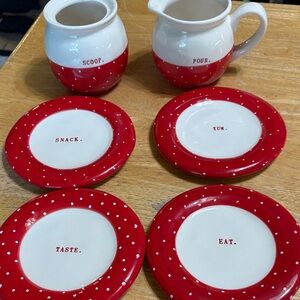 Rae Dunn red and white dots / sugar (no lid) pour picture and 4 small plates